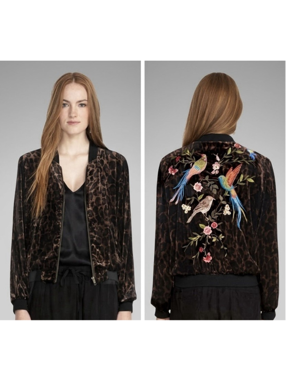 Johnny Was Zwazo Velvet Silk Embroidered Animal Print Bomber Jacket XS Boho Chic